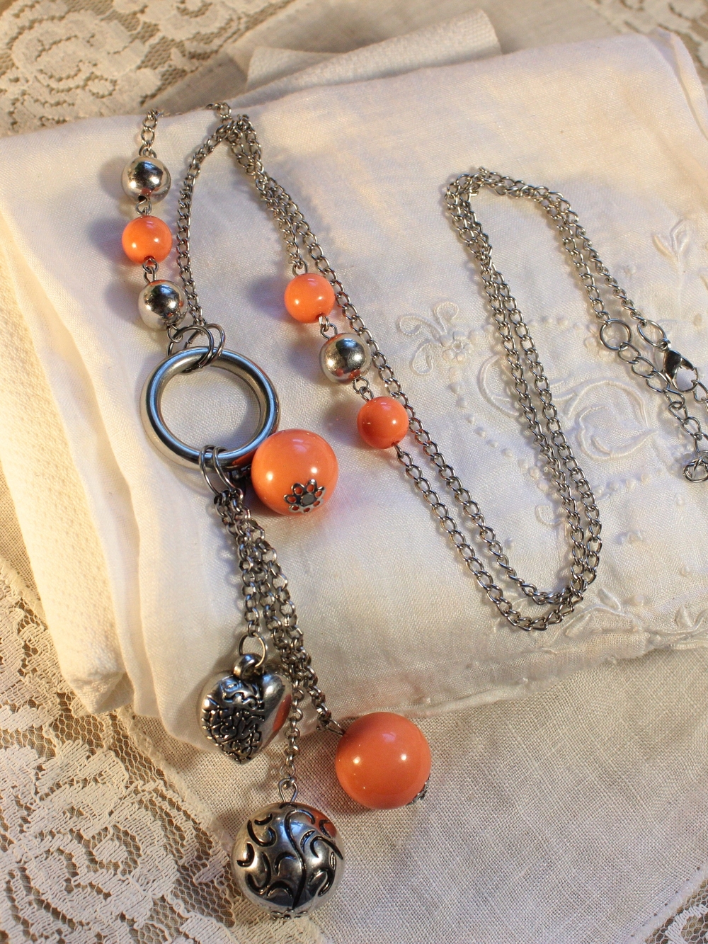 Y2K Silver-Tone Long Chain Drop Necklace with Orange Beads and Charms